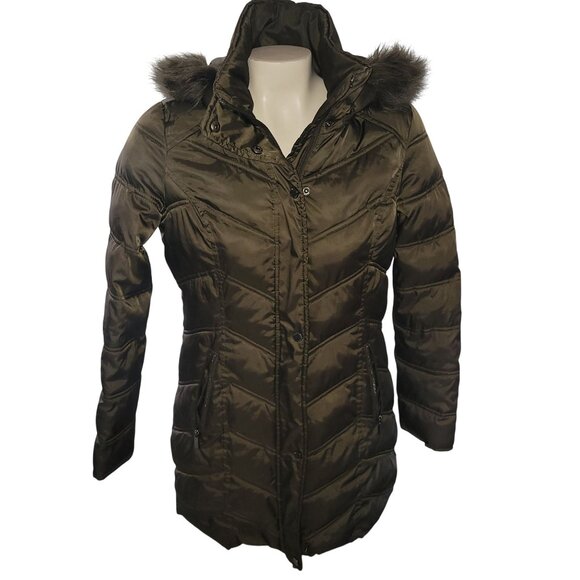 Kenneth Cole New York Womens‎ Olive Puffer Coat W/ Faux Fur Hood XS - Picture 1 of 6